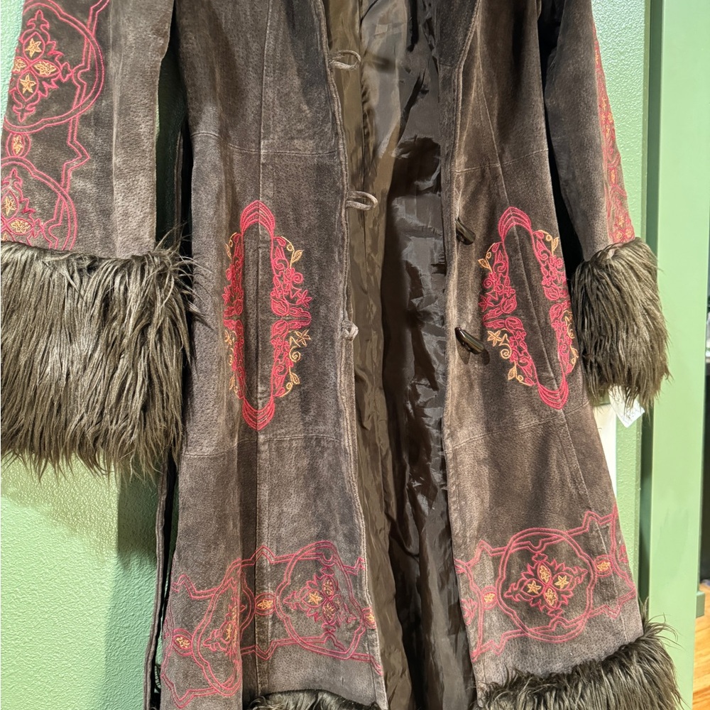 Brown Leather and Pink Embroidered Coat with Faux Fur Trim - Picture 5 of 5